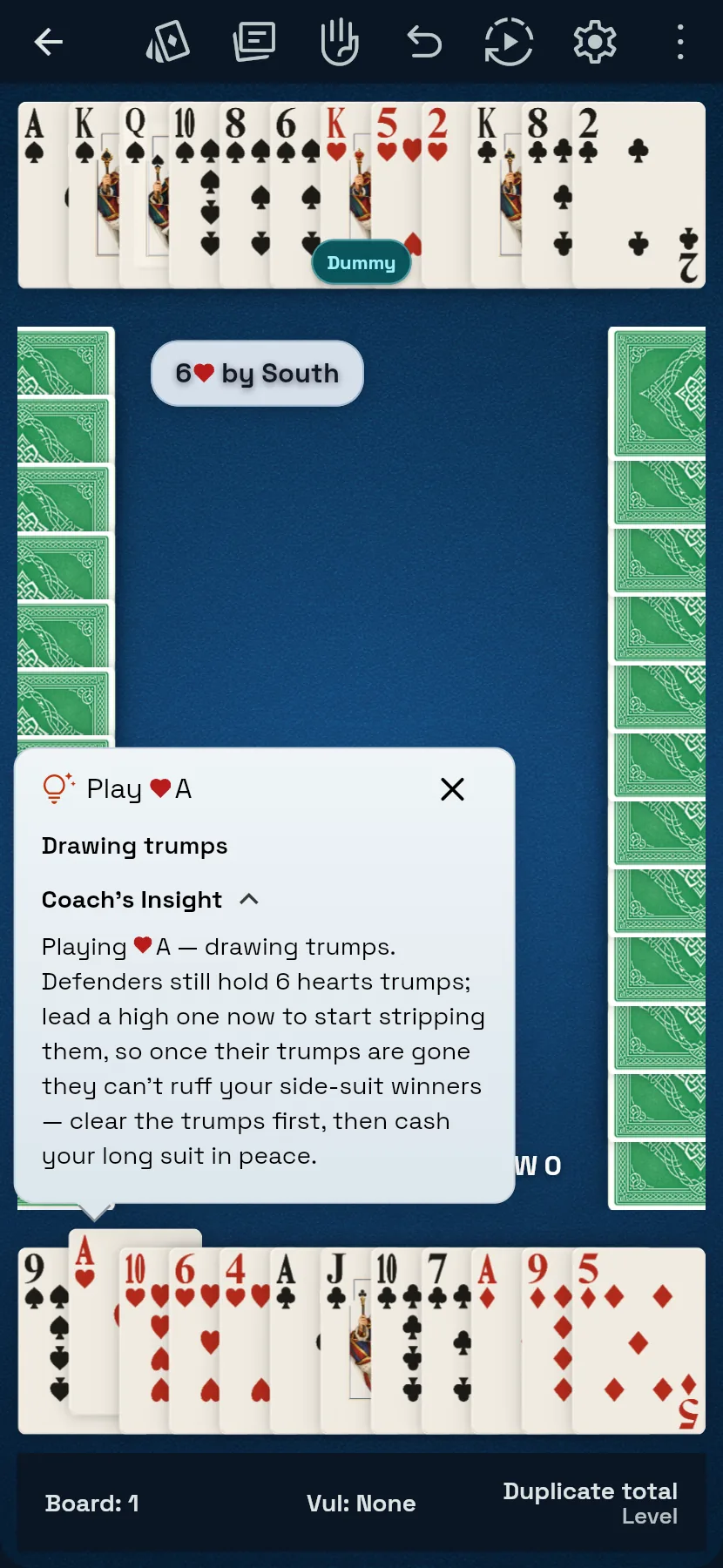 Declaring 6 hearts: the coaching card reads 'Play heart ace — drawing trumps' and explains why.