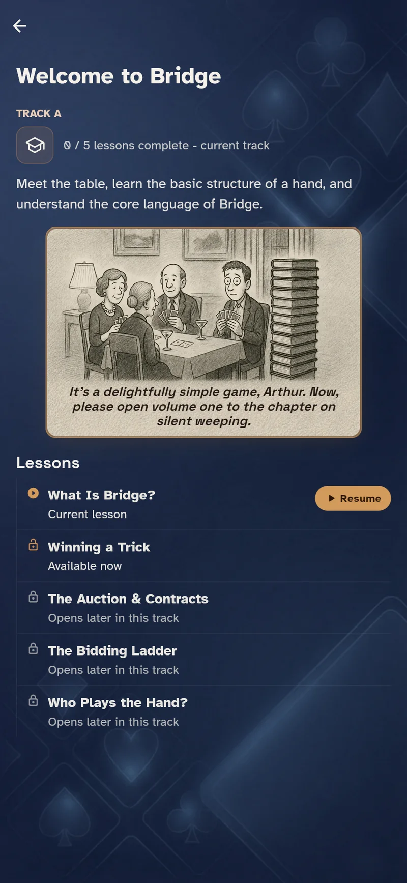 The opening page of BridgeGuru's first lesson track, “Welcome to Bridge”, with a framed pencil cartoon and the five lessons listed below.